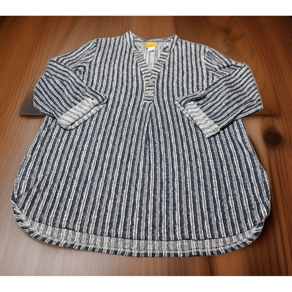 Ruby Rd. Women's Sz~ Medium Blue/White Striped 3/4 Sleeve V-Neck Cotton Blouse